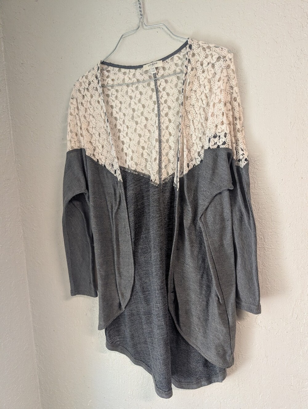Umgee Gray Cardigan with Cream Lace Yoke S Dainty Cottage Boho Whimsy Open Front